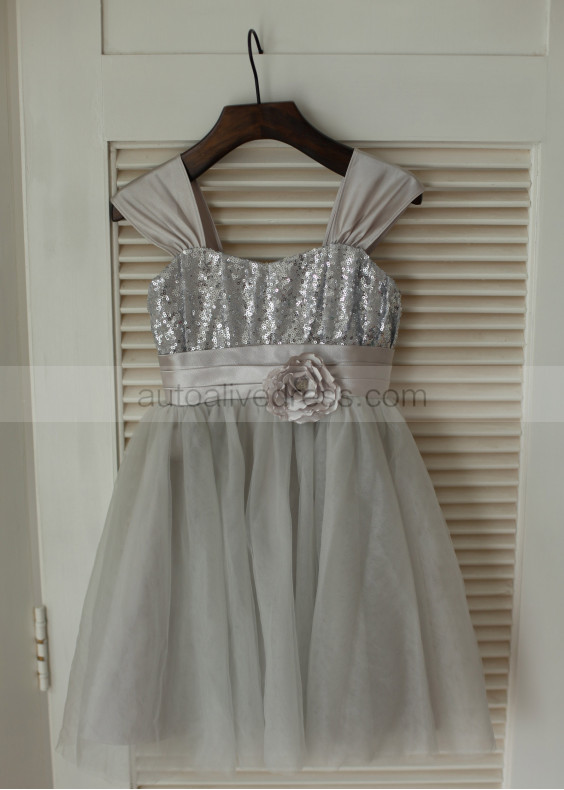 Silver Sequin Tulle Satin Sash Straps Big Bow Flower Girl Dress
